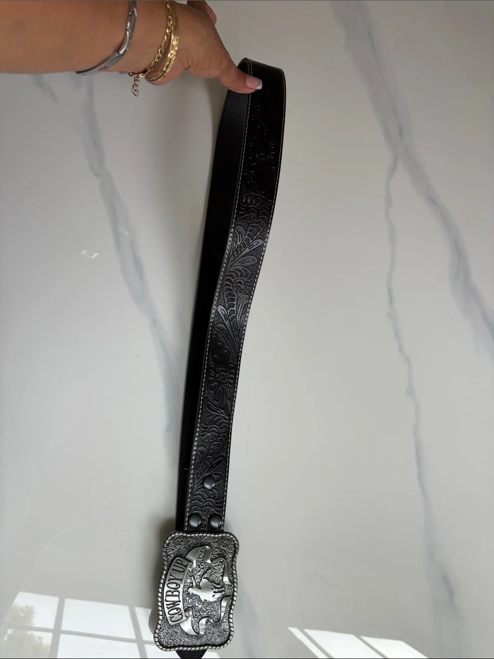 Cowboy Up Western Floral Tooled Black Leather Belt Large XL Silver Trophy Buckle